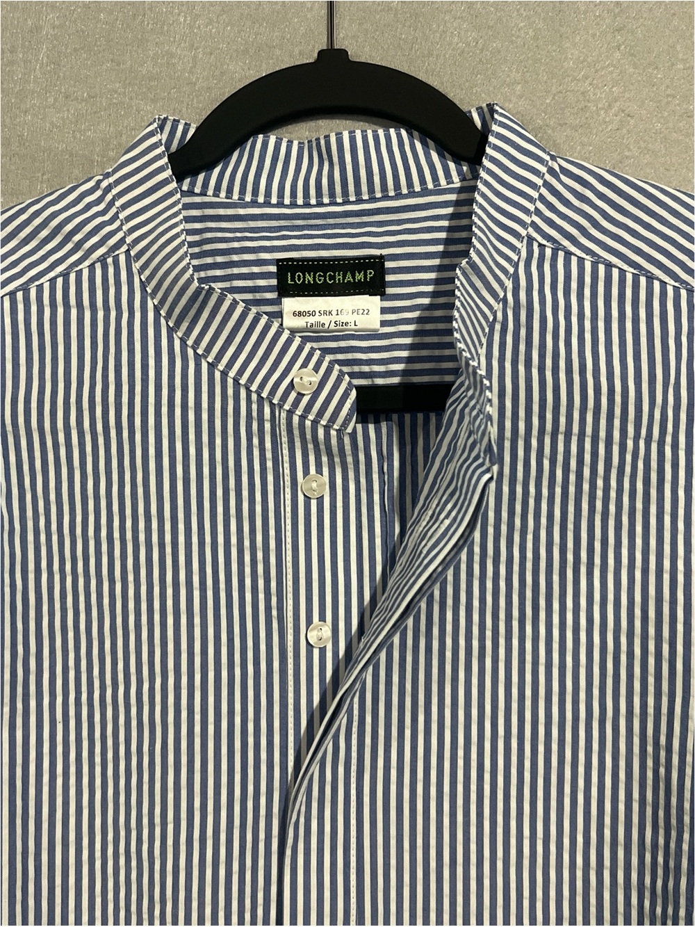 Longchamp Shirt Men’s Large Blue White Vertical Striped Band-Collar Long Sleeve - Picture 10 of 15